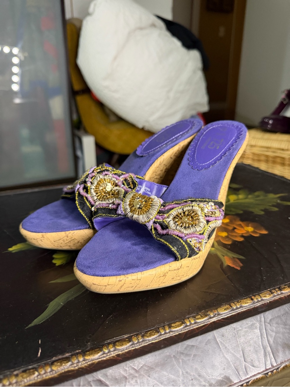 Purple Beaded Wedge Mules with Cork Heel